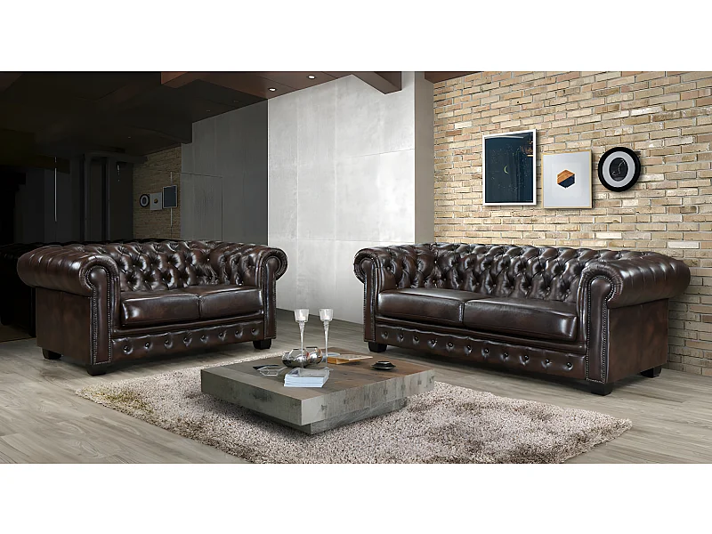 Driezits- en tweezitsbank Chesterfield BRENTON 100% buffelleer - bruin tinten