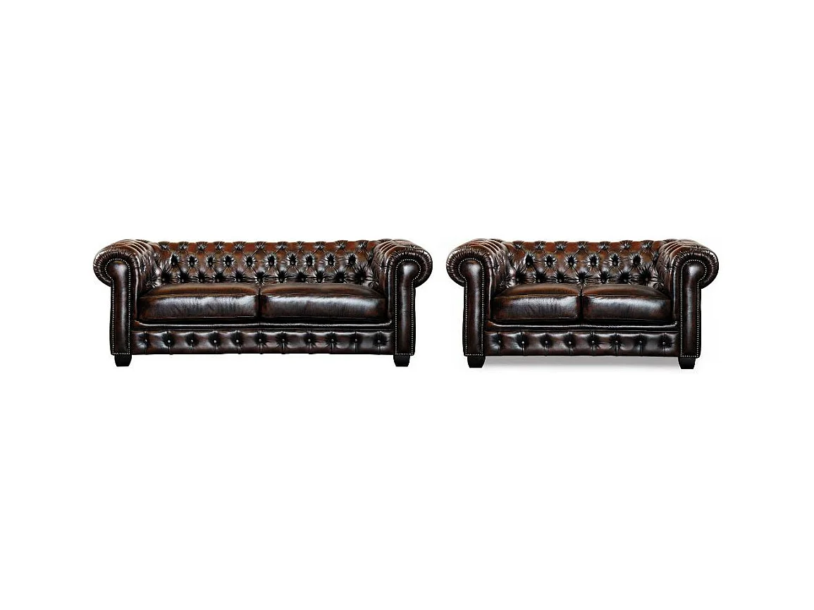 Canapés chesterfield 3 places et 2 places BRENTON 100% cuir de buffle - Marron reflets châtains