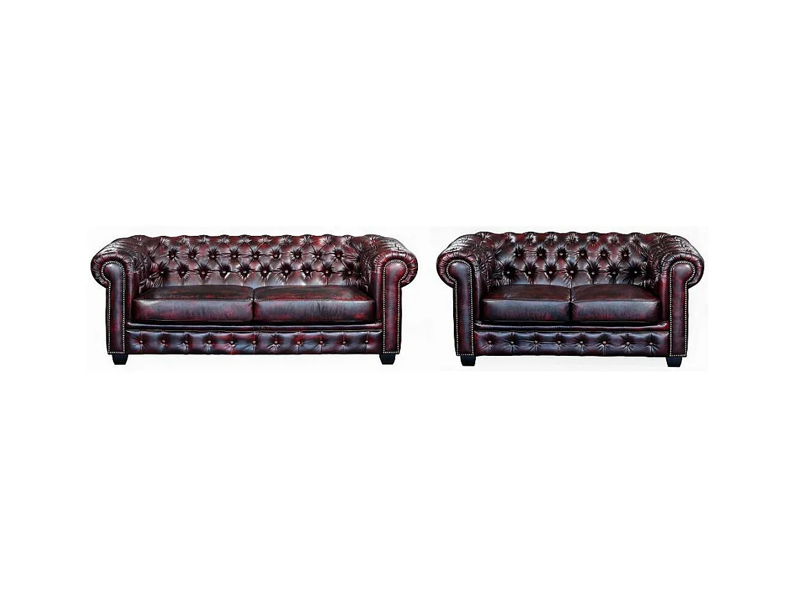Chesterfield Garnitur 3+2  - Büffelleder - Rotbraun - BRENTON