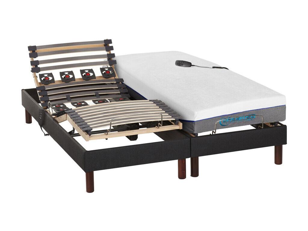 Lit électrique de relaxation déco lattes et plots + matelas mémoire de forme - 2 x 80 x 200 cm - Tissu - Anthracite - JASON de DREAMEA