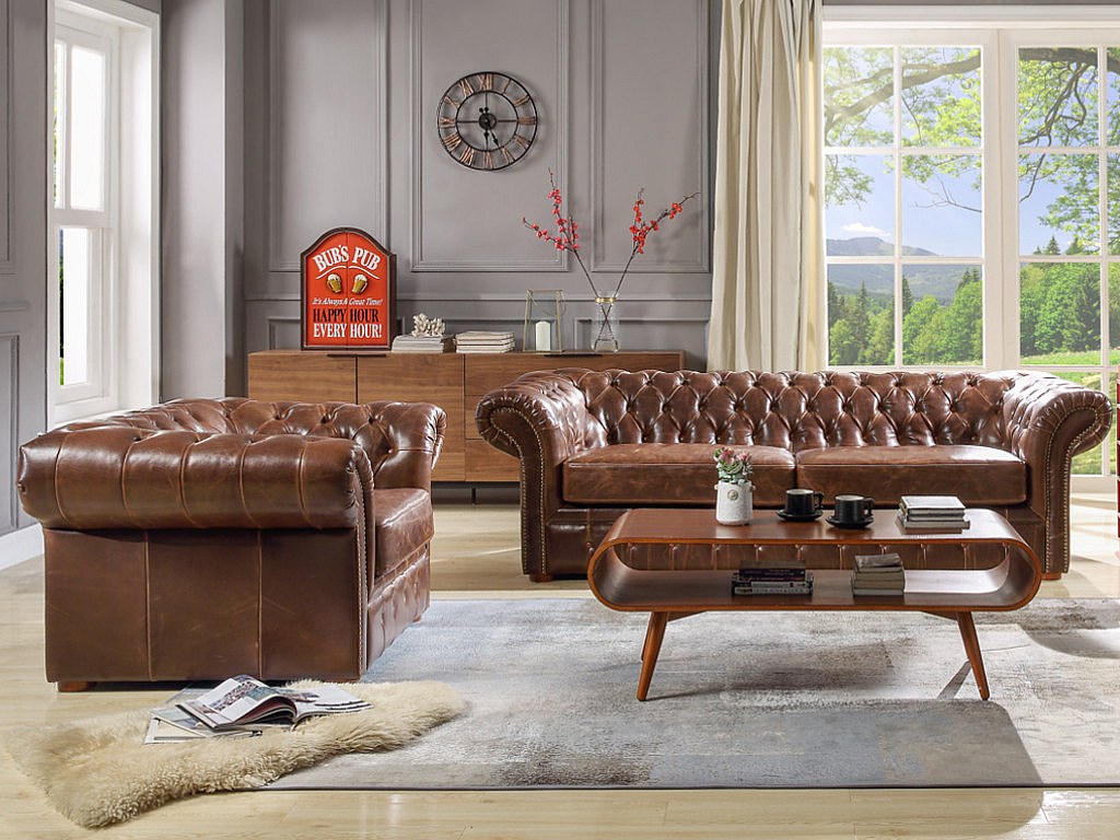 Vente-unique Chesterfield Ledersofa 2-Sitzer - Vintage Leder - Braun - CLOTAIRE 90489