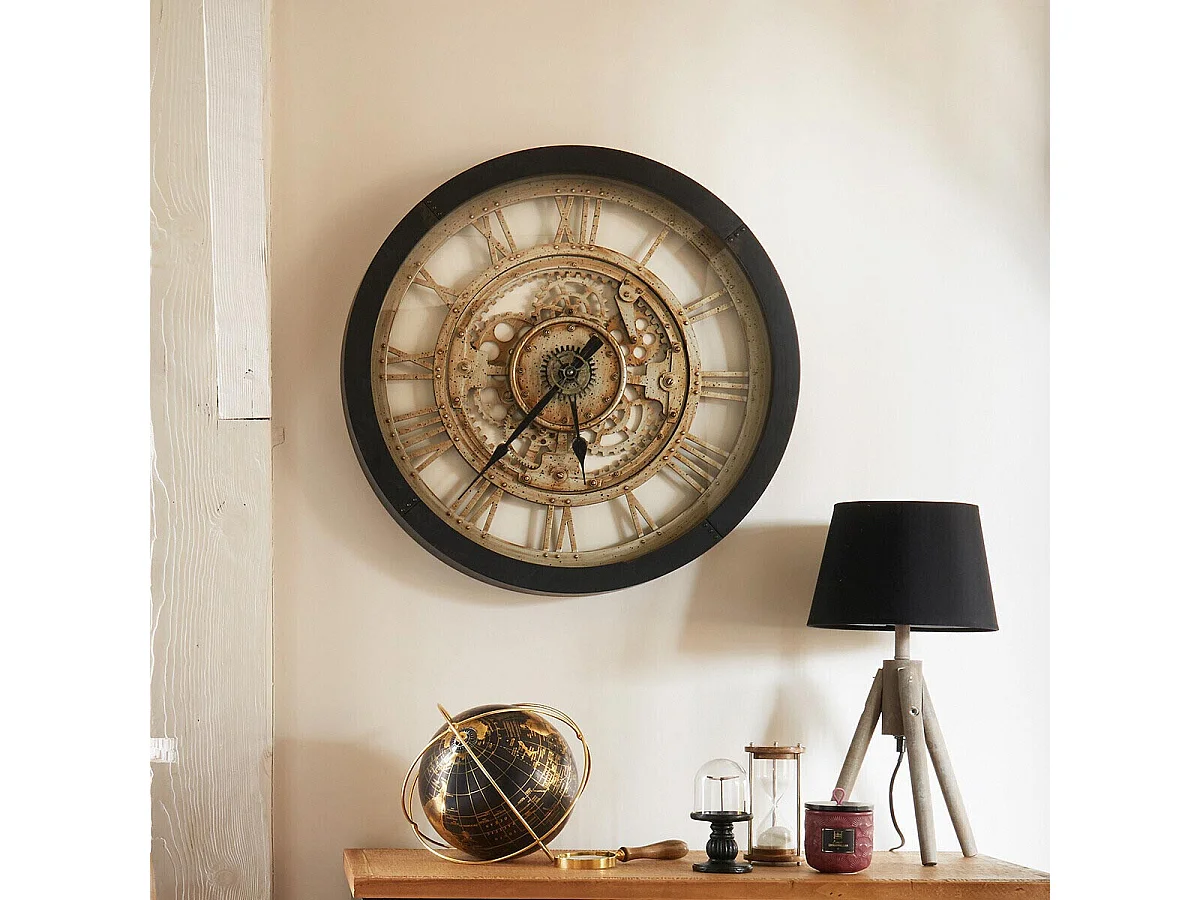 Reloj de pared circular con mecanismos negro/dorado 61x61x7 cm