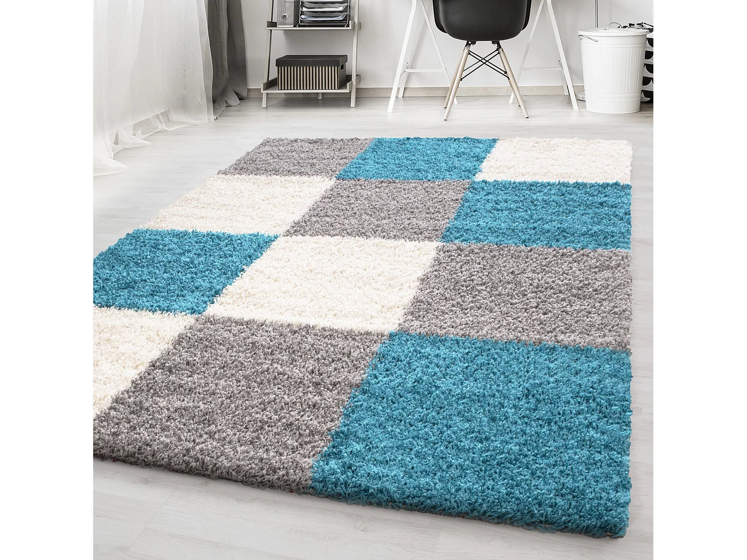 SHAGGY - Tapis à Carreaux - Turquoise 200 x 290 cm