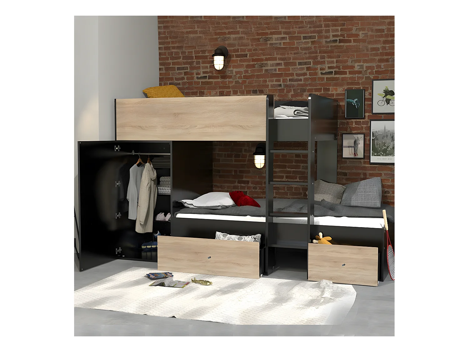 Lit superposé TWIN 90x190 avec armoire et tiroirs + 2 sommiers / Décor Chêne Blanchi et Noir
