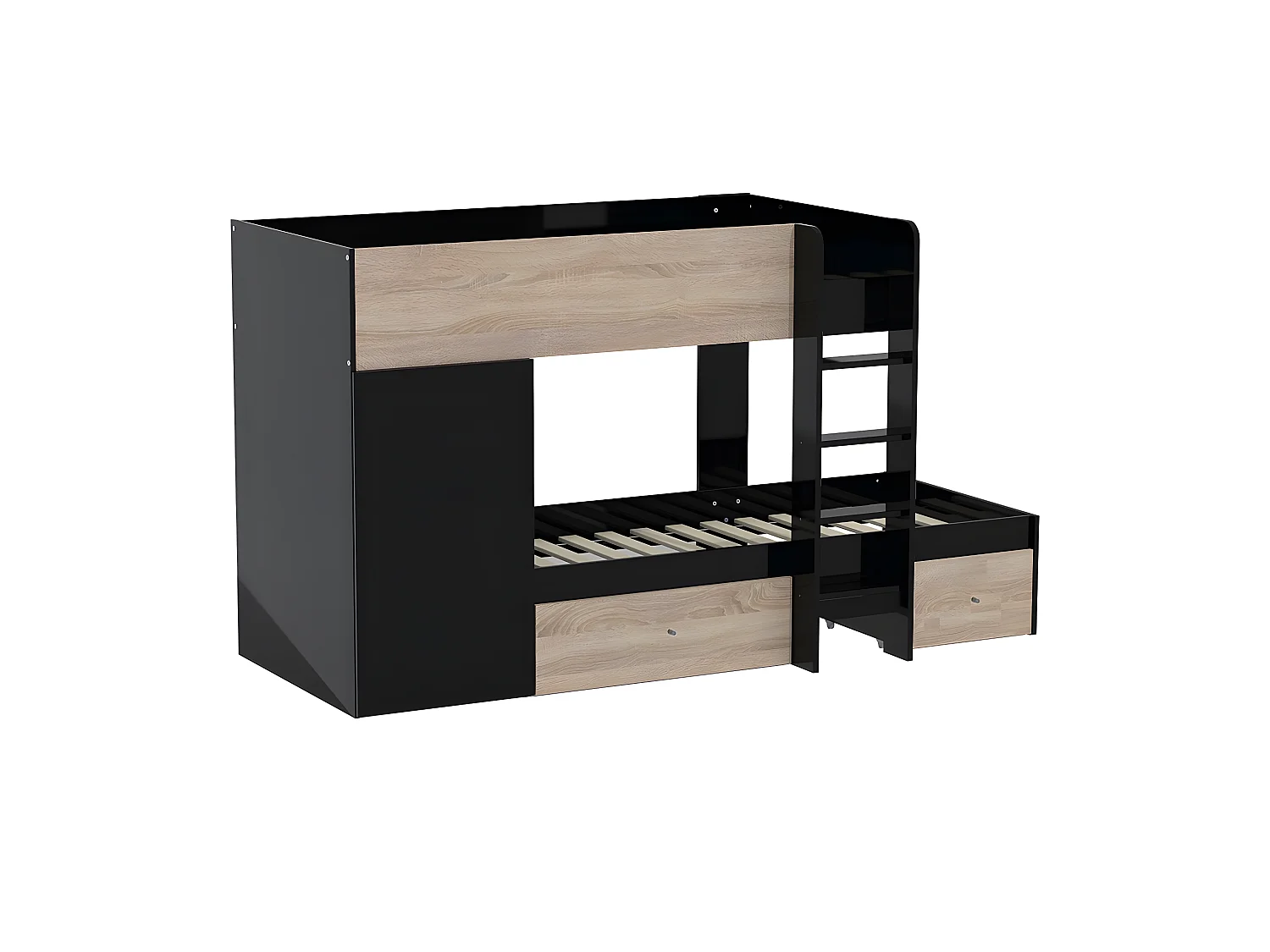 Lit superposé TWIN 90x190 avec armoire et tiroirs + 2 sommiers / Décor Chêne Blanchi et Noir