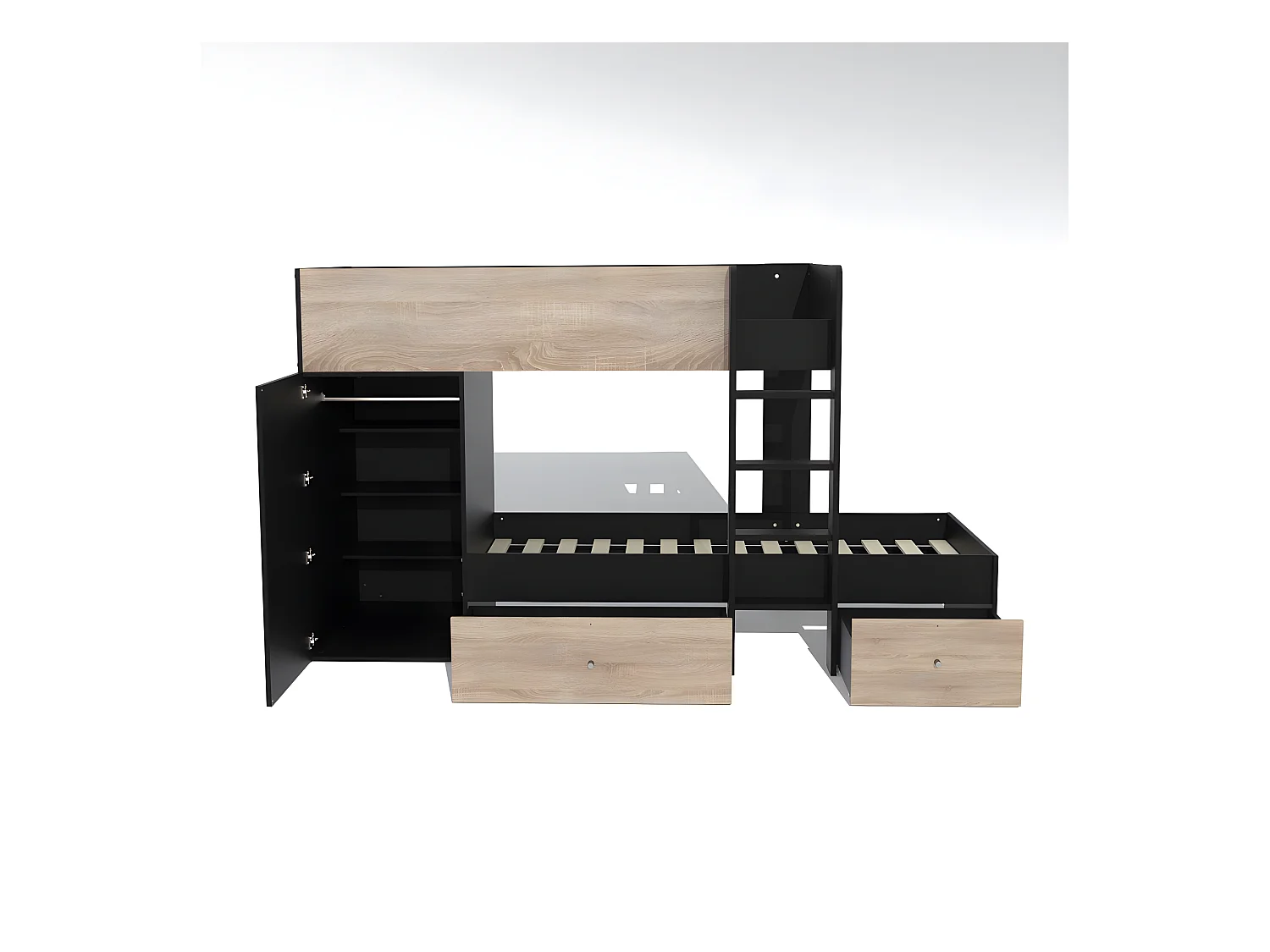 Lit superposé TWIN 90x190 avec armoire et tiroirs + 2 sommiers / Décor Chêne Blanchi et Noir