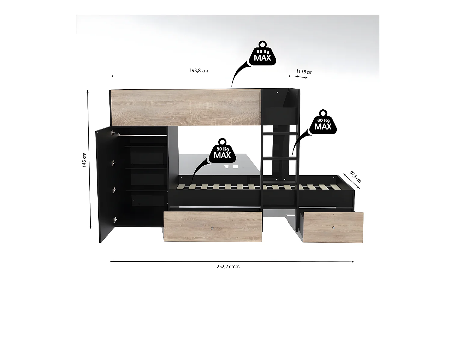 Lit superposé TWIN 90x190 avec armoire et tiroirs + 2 sommiers / Décor Chêne Blanchi et Noir