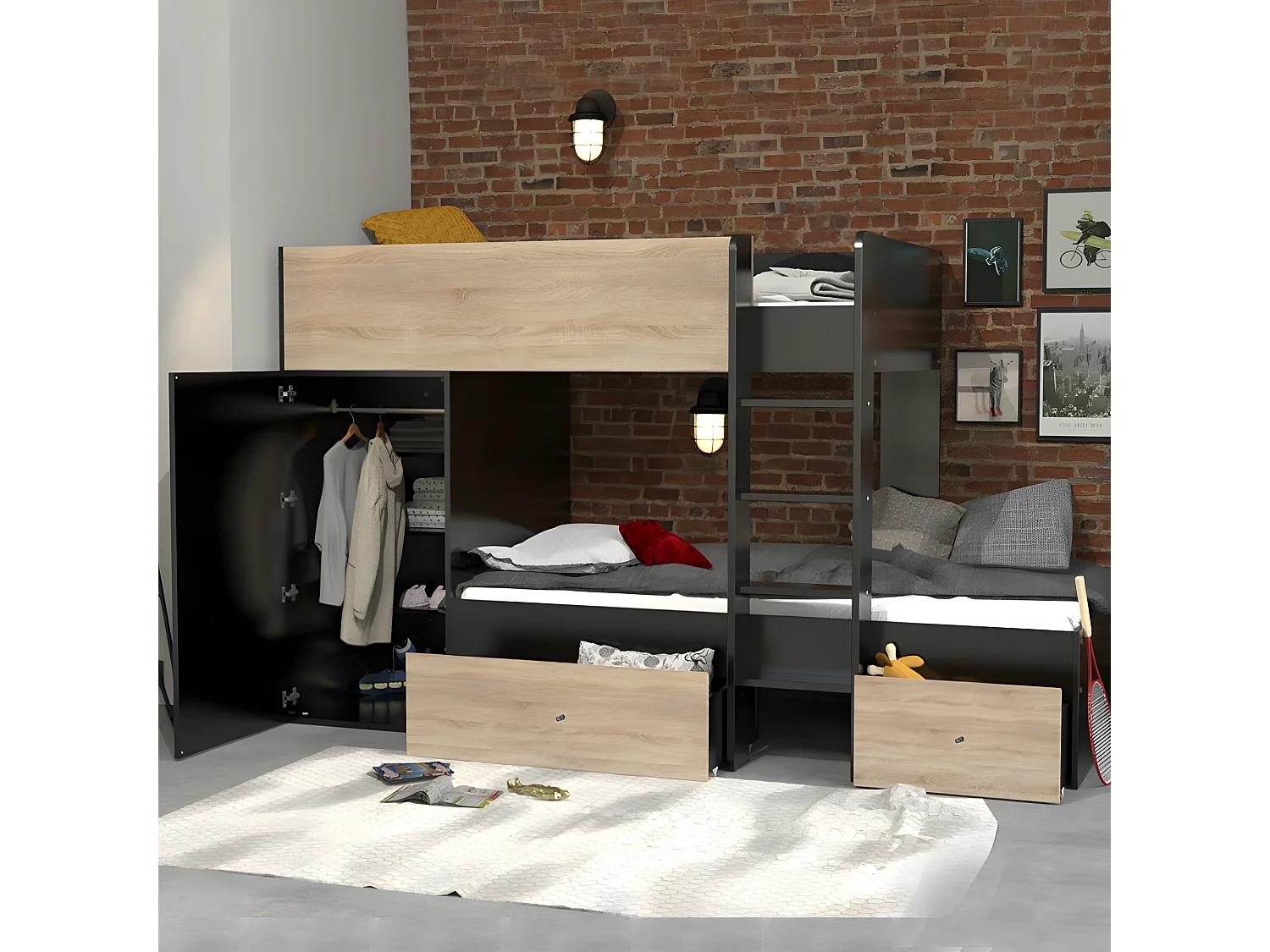 Lit superposé TWIN 90x190 avec armoire et tiroirs + 2 sommiers / Décor Chêne Blanchi et Noir