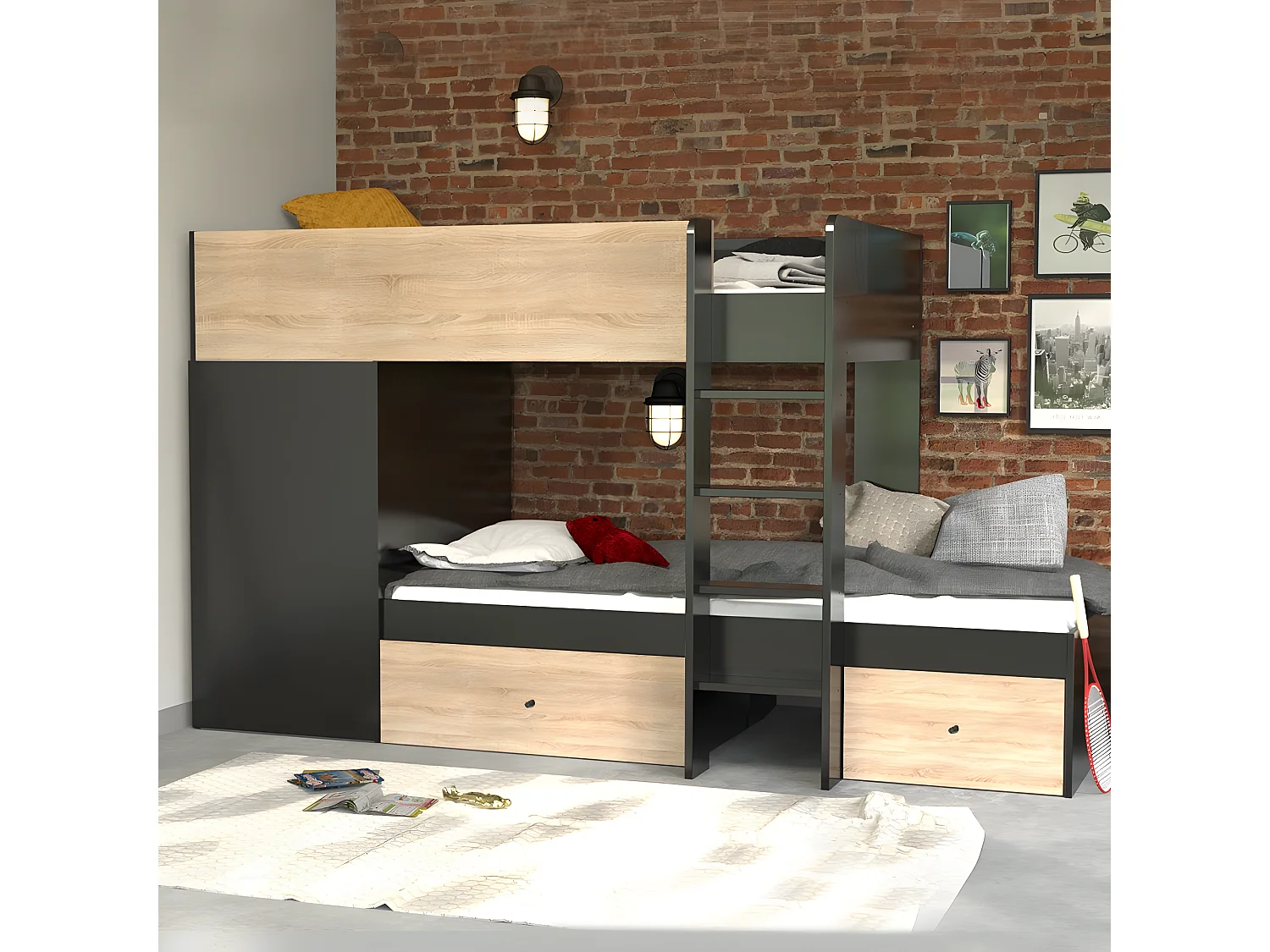 Lit superposé TWIN 90x190 avec armoire et tiroirs + 2 sommiers / Décor Chêne Blanchi et Noir