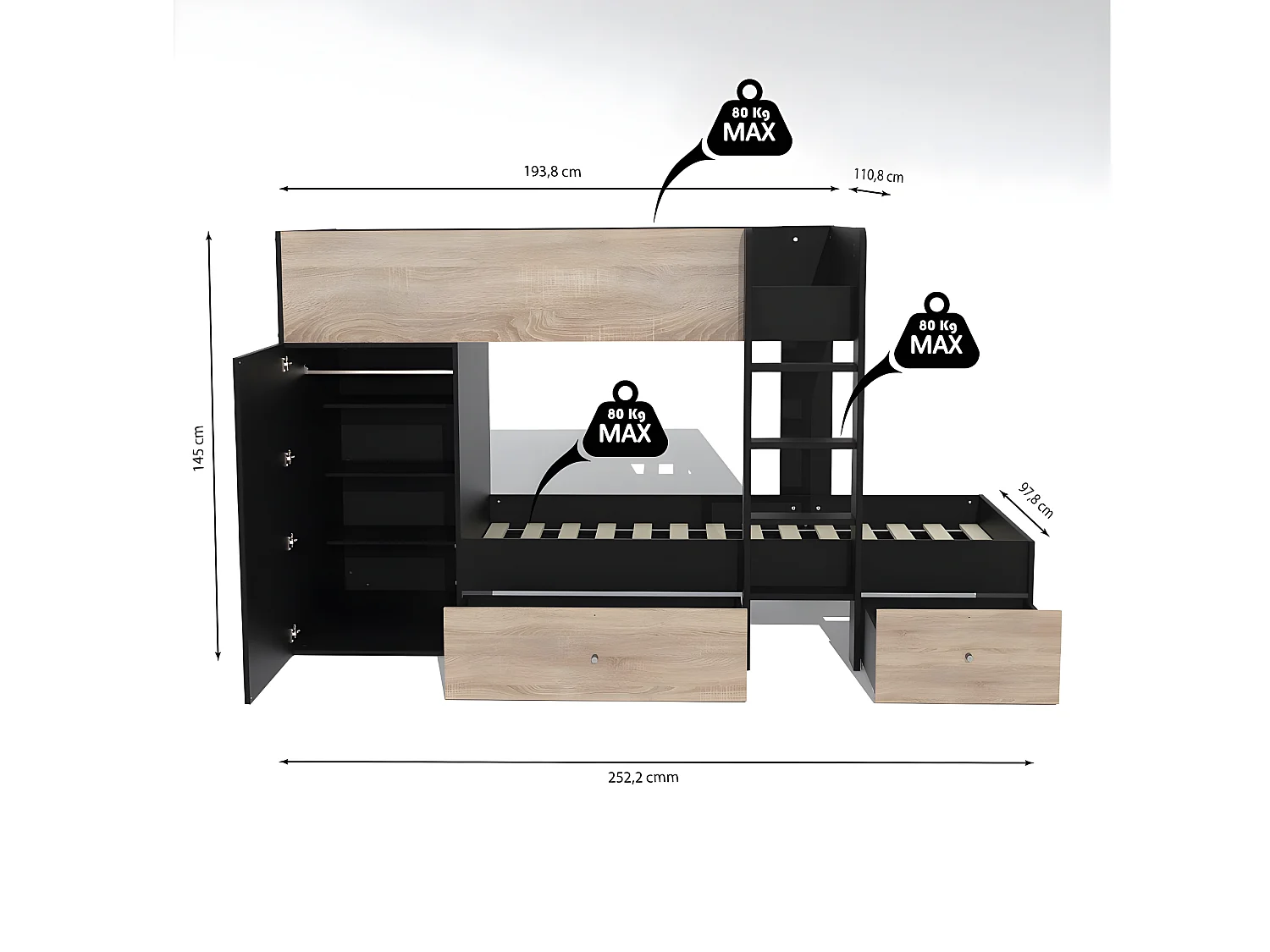 Lit superposé TWIN 90x190 avec armoire et tiroirs + 2 sommiers / Décor Chêne Blanchi et Noir