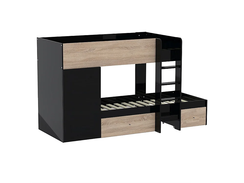 Lit superposé TWIN 90x190 avec armoire et tiroirs + 2 sommiers / Décor Chêne Blanchi et Noir