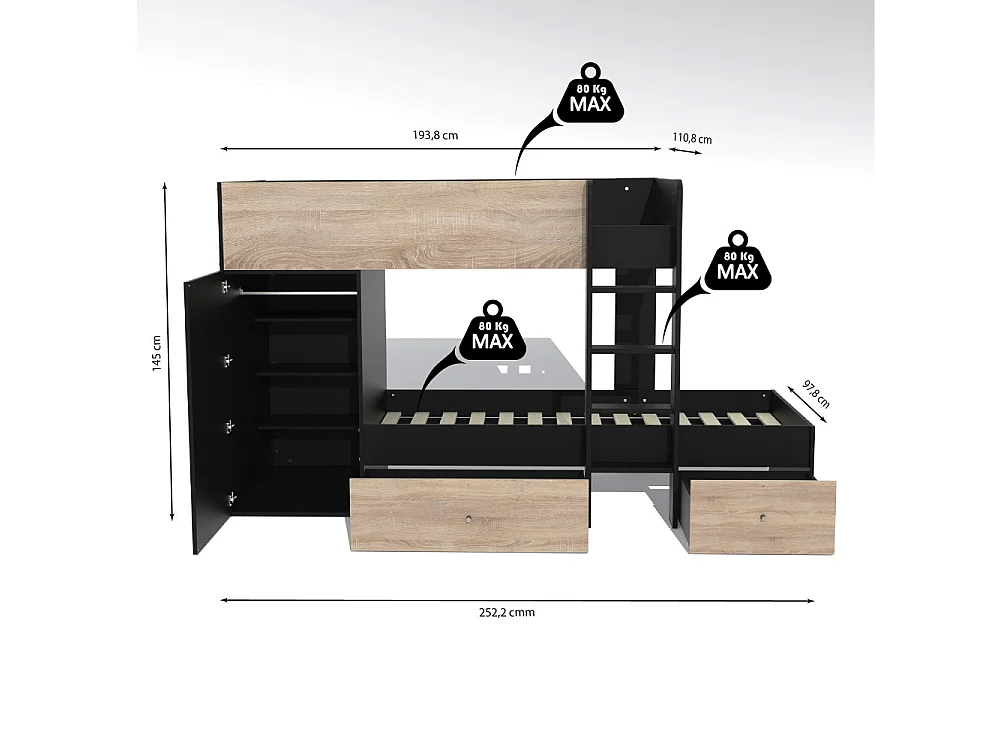 Lit superposé TWIN 90x190 avec armoire et tiroirs + 2 sommiers / Décor Chêne Blanchi et Noir