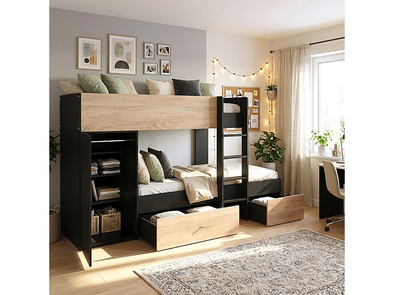 Lit superposé TWIN 90x190 avec armoire et tiroirs + 2 sommiers / Décor Chêne Blanchi et Noir