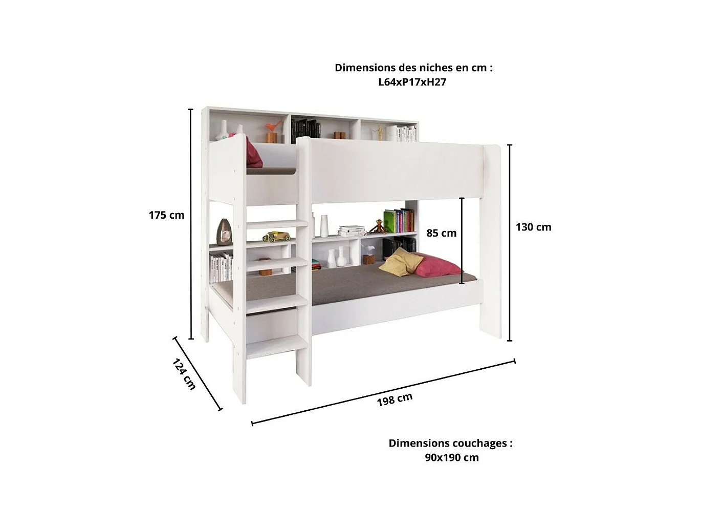 Lit superposé LUCKY 90x190 + 2 sommiers / Blanc