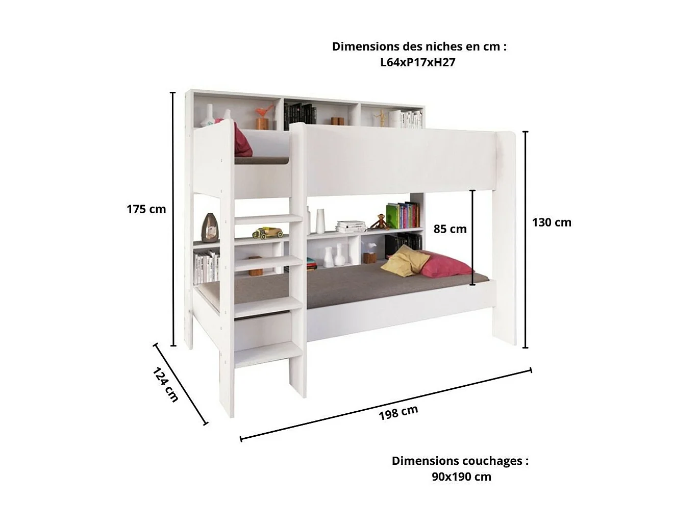 Lit superposé LUCKY 90x190 + 2 sommiers / Blanc