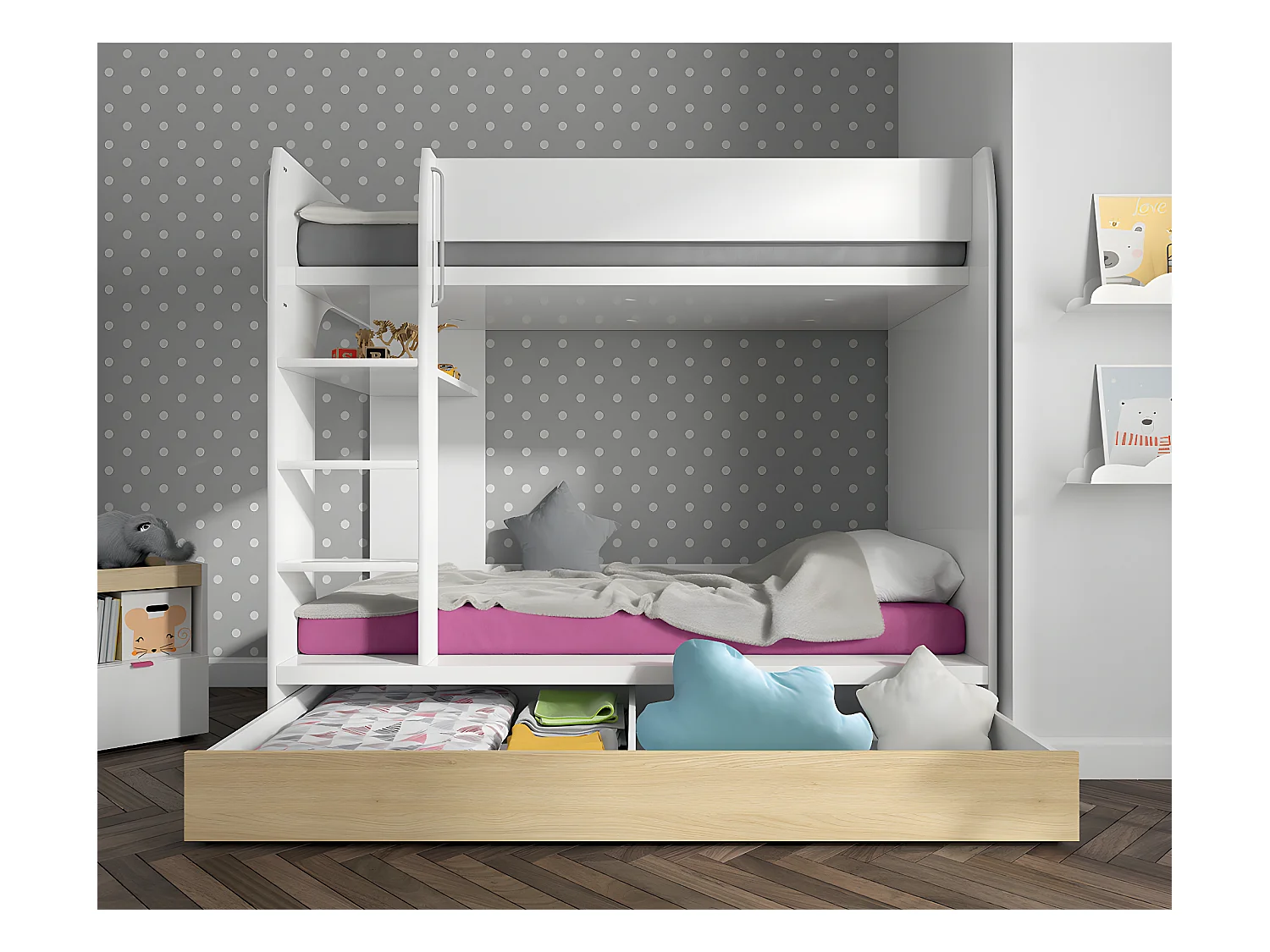 Letto a castello Pop White 80x180 con base e cassetto inclusi