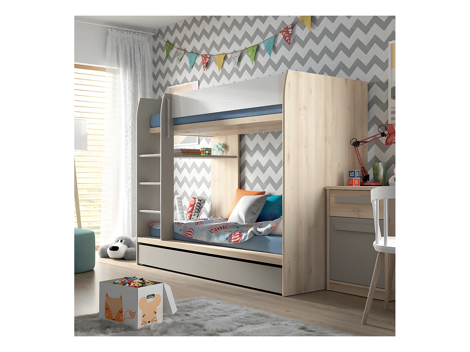 Lit superposé 80x180 sommier et tiroir inclus Stella Bois Gris et Blanc