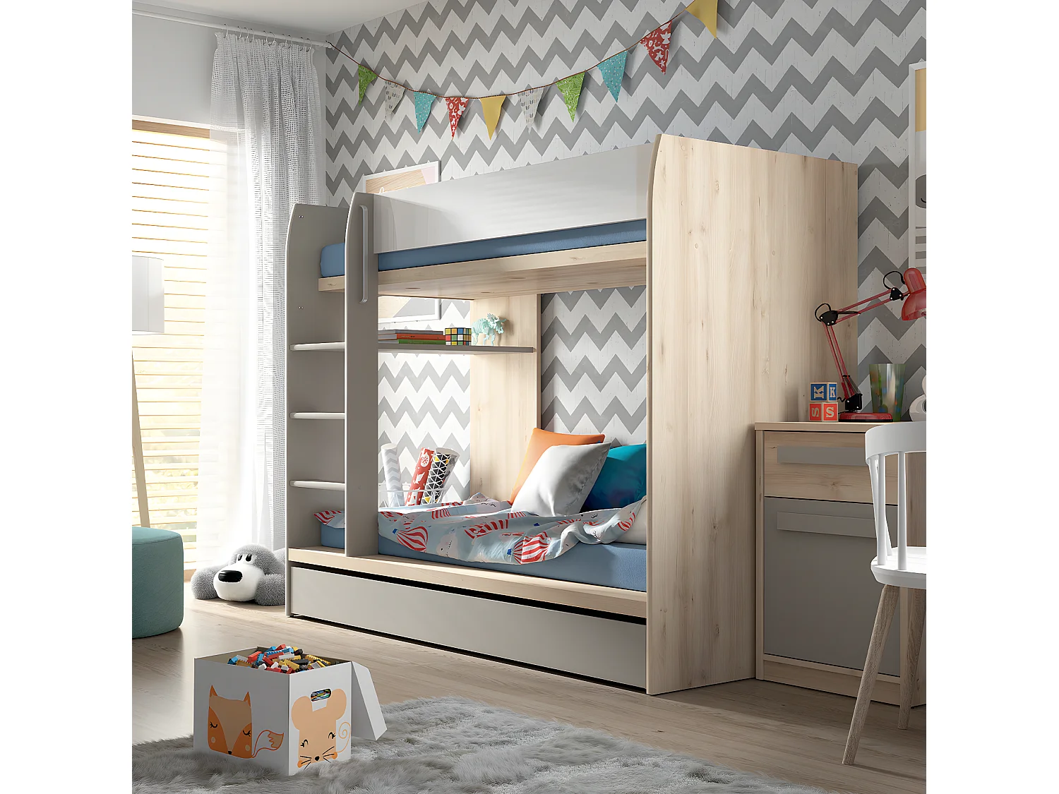 Lit superposé 80x180 sommier et tiroir inclus Stella Bois Gris et Blanc