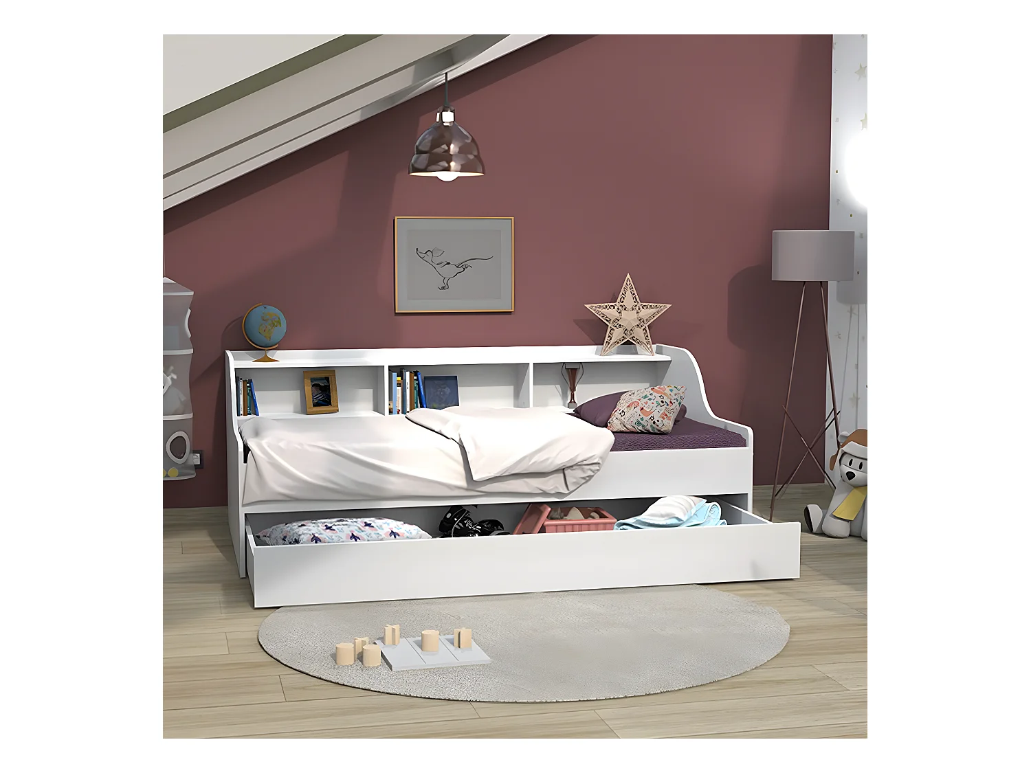 Lit PALMA 90x190 + étagère + 1 tiroir-lit / Blanc