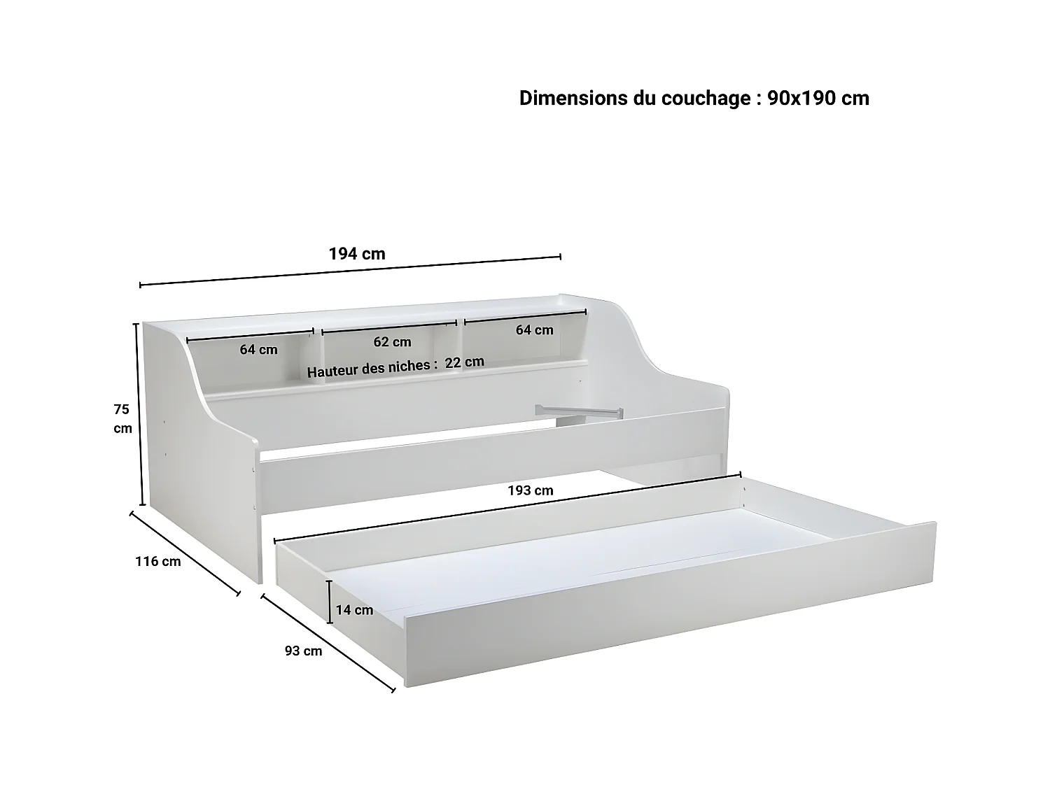 Lit PALMA 90x190 + étagère + 1 tiroir-lit / Blanc