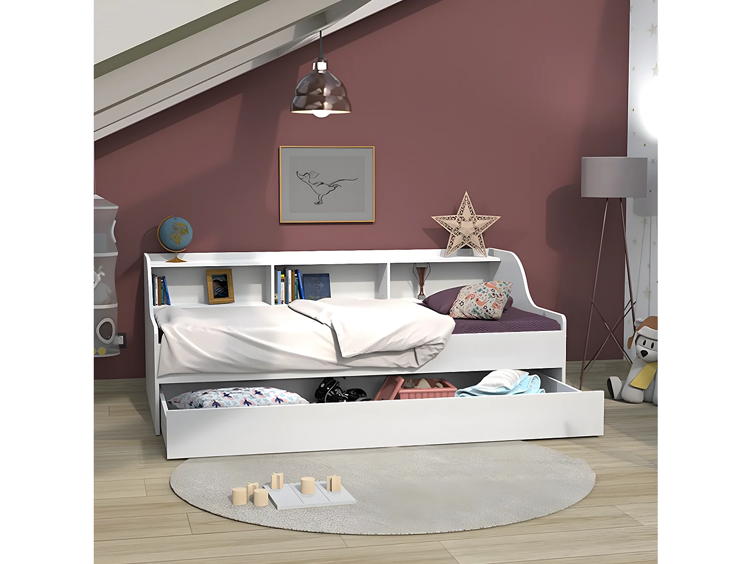 Lit PALMA 90x190 + étagère + 1 tiroir-lit / Blanc