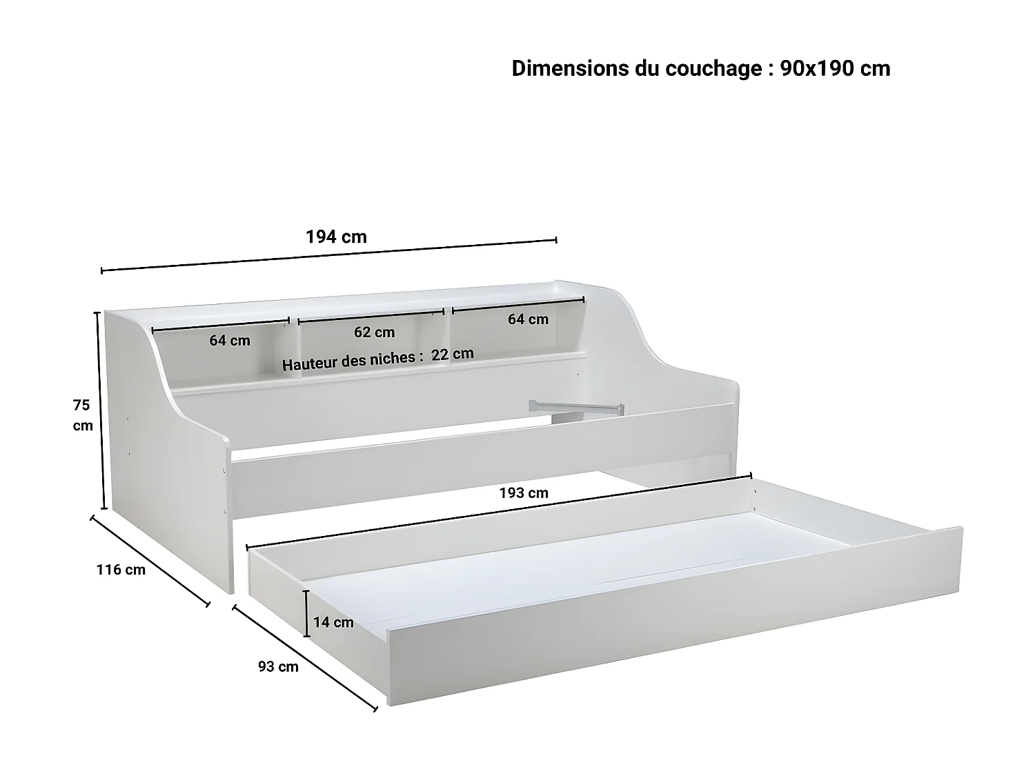Lit PALMA 90x190 + étagère + 1 tiroir-lit / Blanc