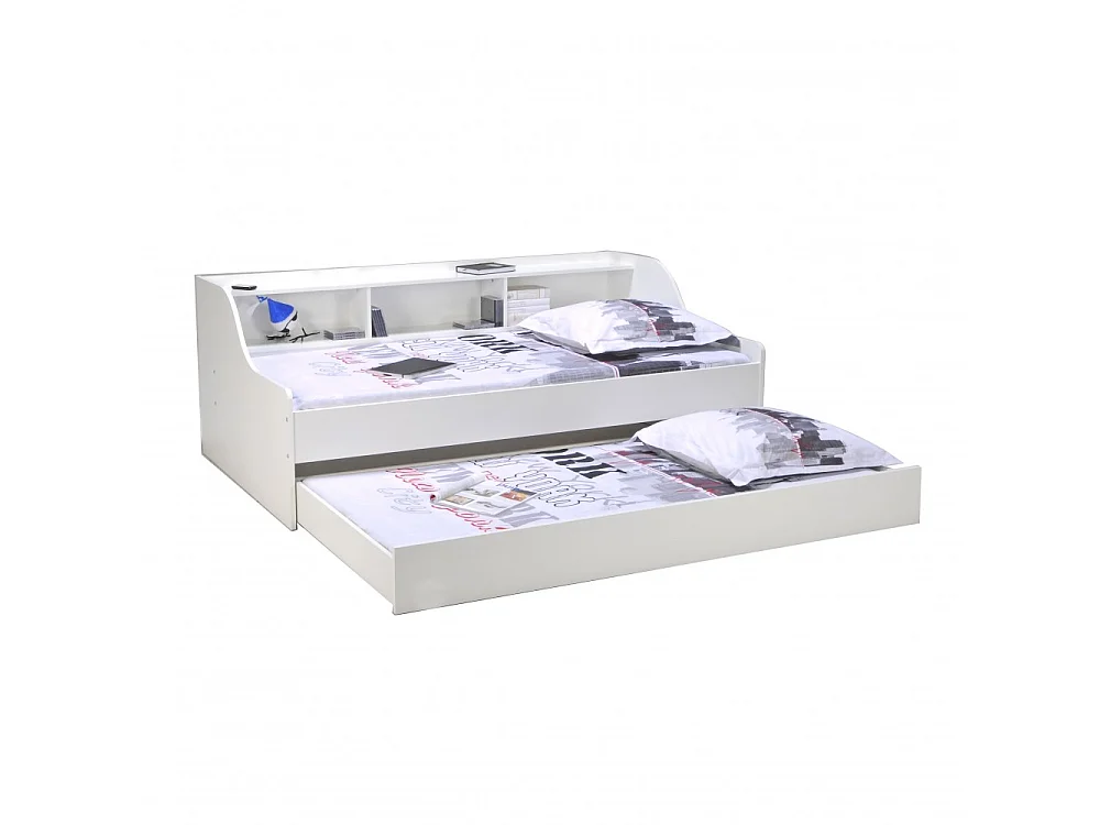 Lit Gigogne PALMA 90x190 cm - Tiroir-Lit + Étagère Rangement / Blanc