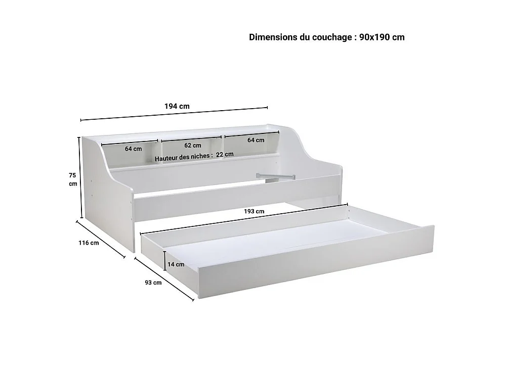 Lit Gigogne PALMA 90x190 cm - Tiroir-Lit + Étagère Rangement / Blanc