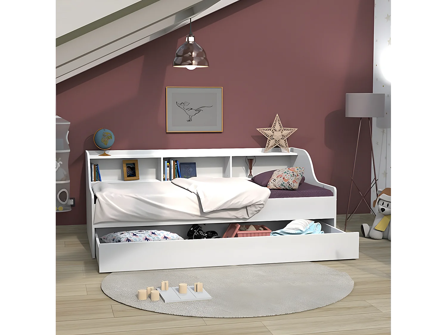 Lit PALMA 90x190 + étagère + 1 tiroir-lit / Blanc