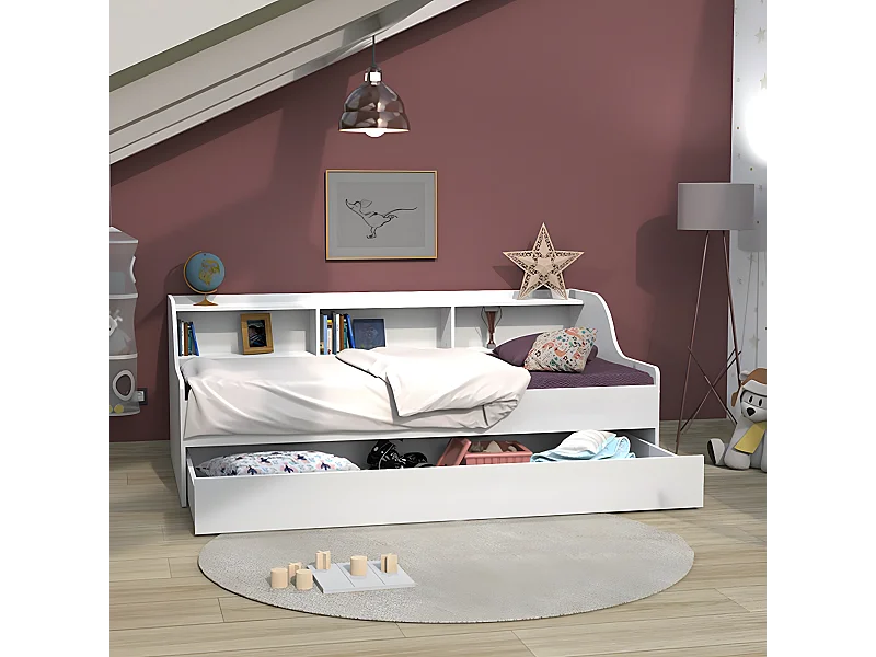 Lit PALMA 90x190 + étagère + 1 tiroir-lit / Blanc