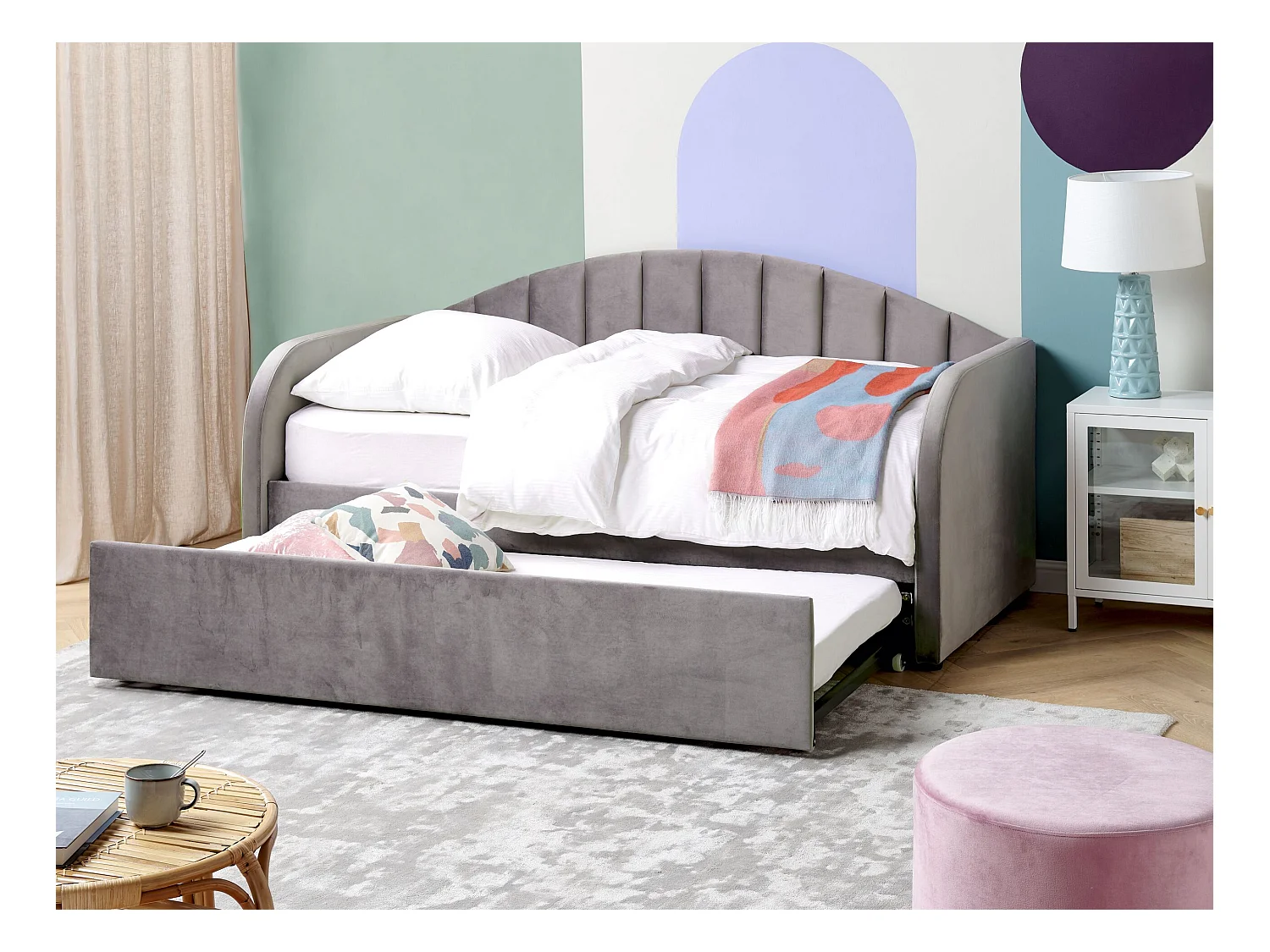 Łóżko wysuwane Welur EYBURIE 90 x 200 cm Szary