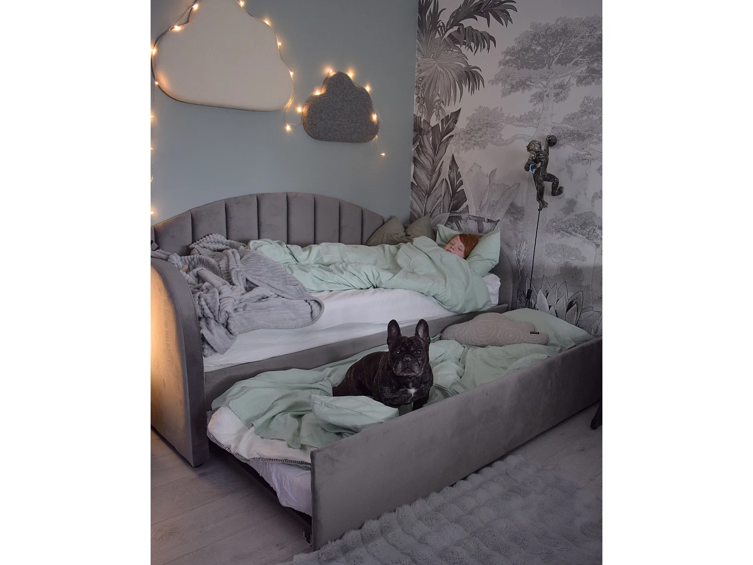 Lit gigogne Velours EYBURIE 90 x 200 cm Gris