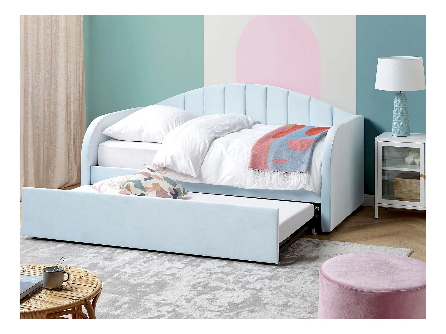 Lit gigogne Velours EYBURIE 90 x 200 cm Bleu clair