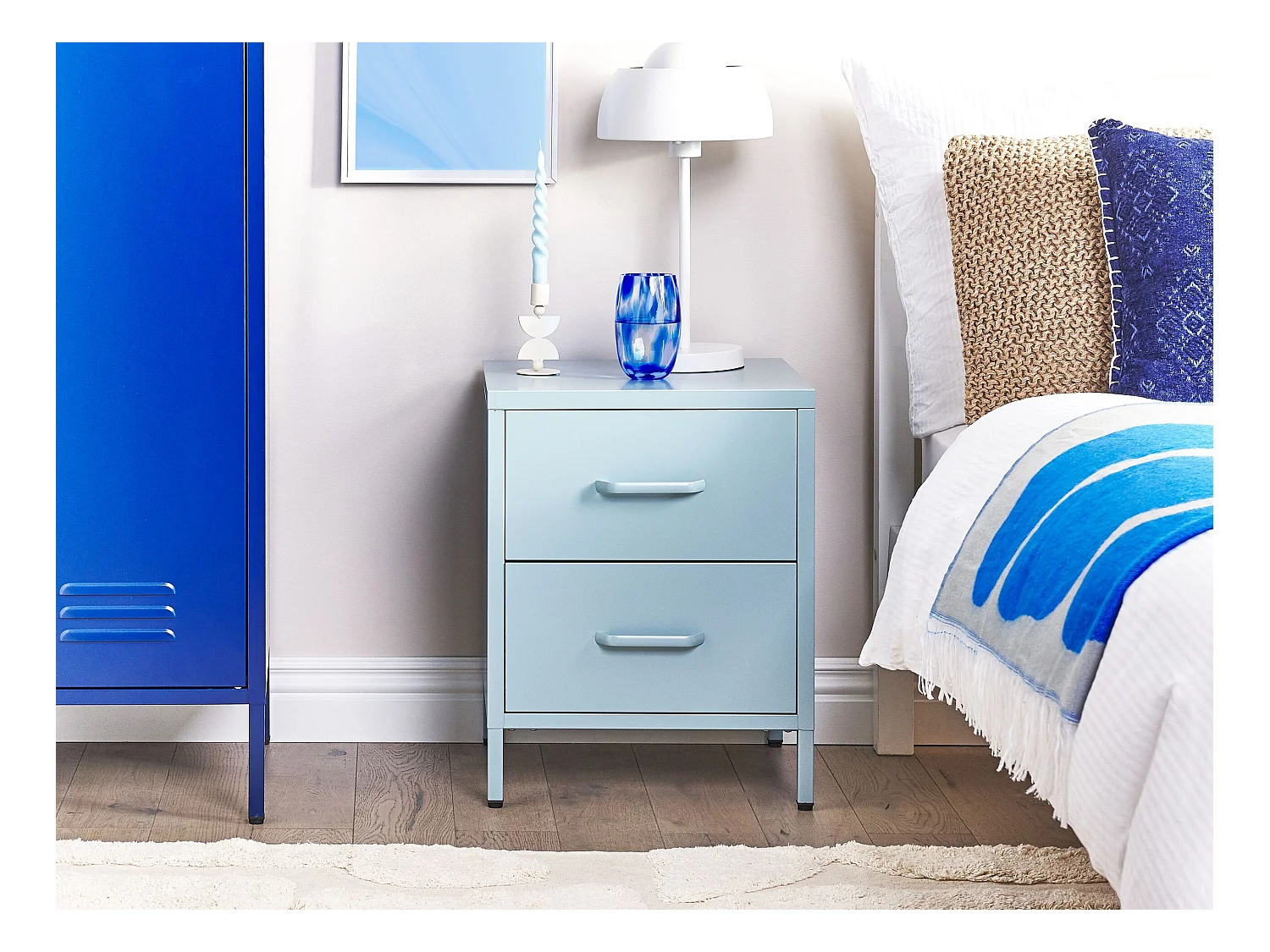 Mesita de noche 2 cajones MALAVI Metal Azul claro