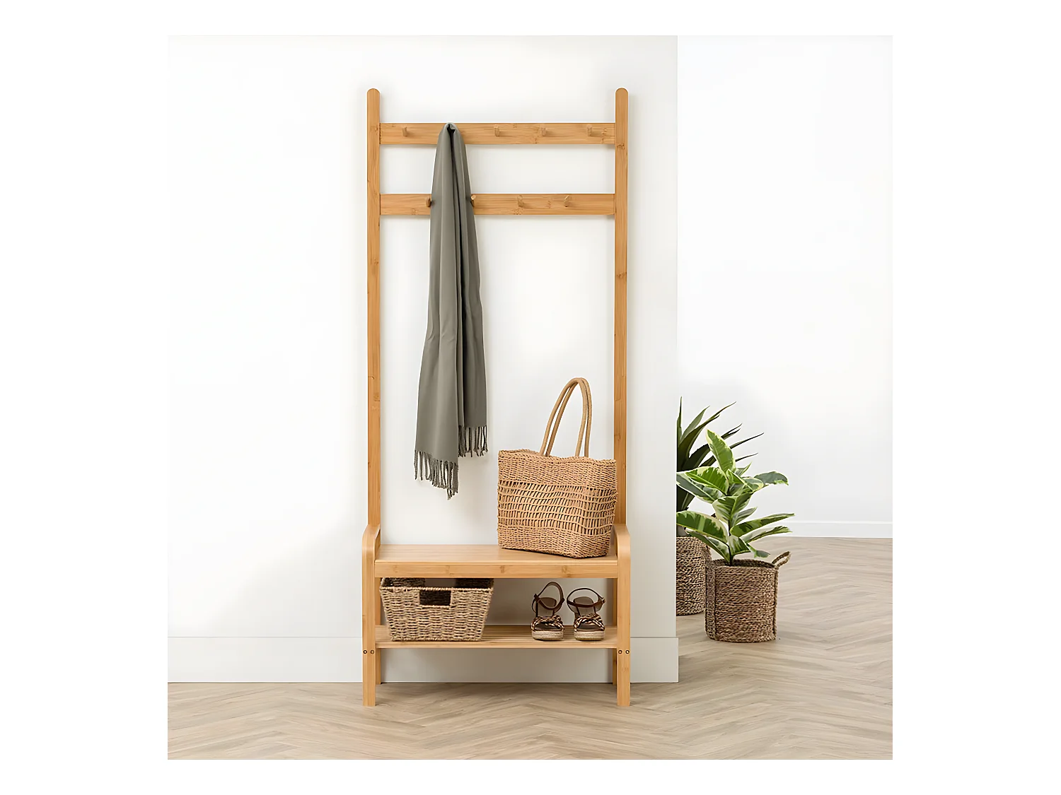 Meuble Vestiaire d'Entrée "Bambou" 170cm Naturel