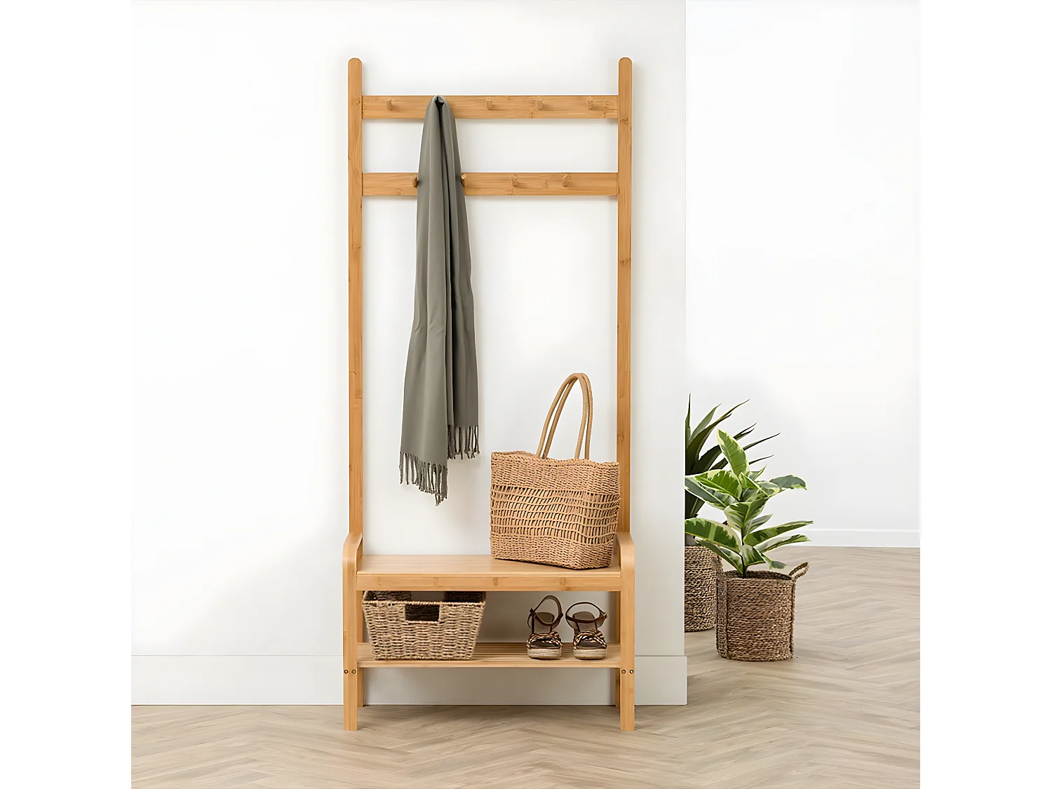 Meuble Vestiaire d'Entrée "Bambou" 170cm Naturel