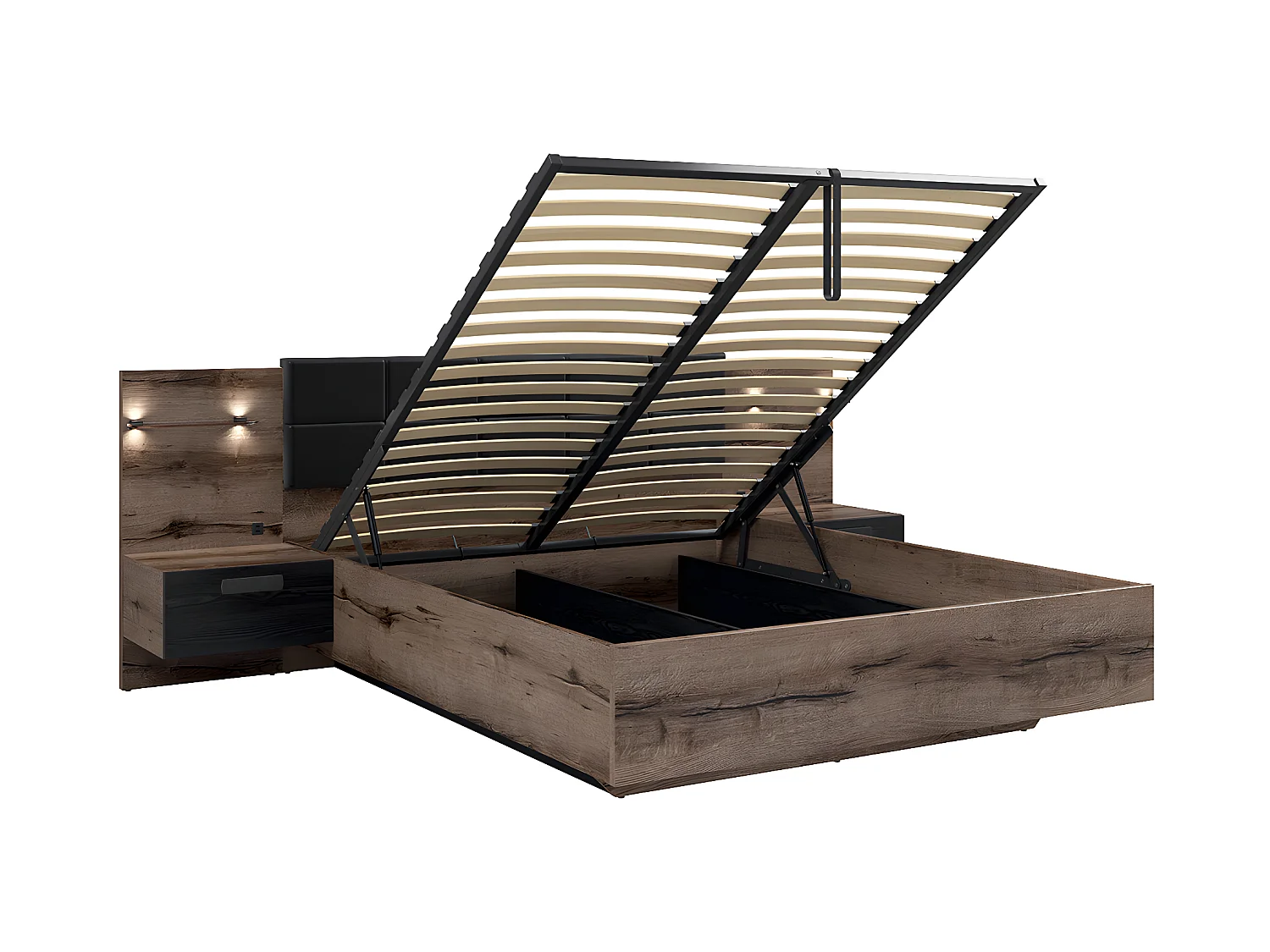 Lit coffre 160x200 sommier chevet LED et prise USB inclus Romane Bois