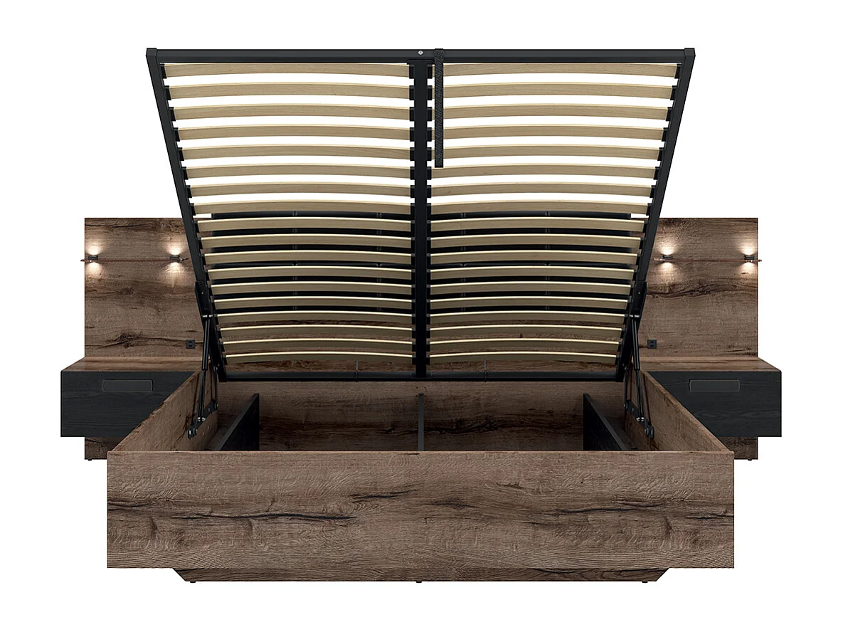 Cama canapé 160x200 con somier, mesita de noche LED y toma USB Romane Madera