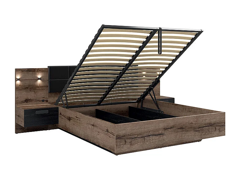 Bett Bettkasten 160x200 inkl. LED-Nachttisch und USB-Anschluss Romane Bois