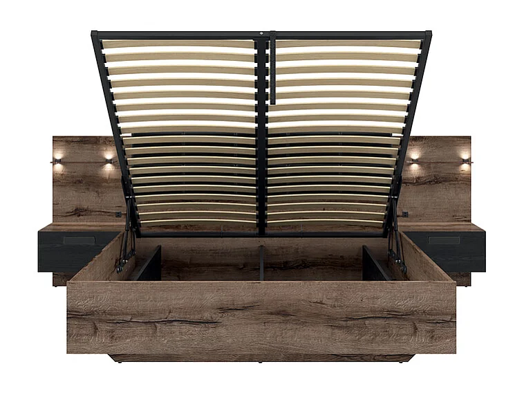 Bett Bettkasten 160x200 inkl. LED-Nachttisch und USB-Anschluss Romane Bois