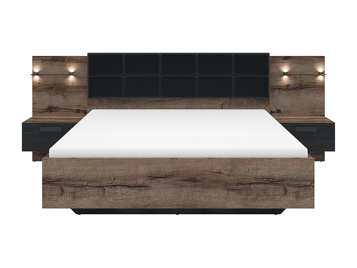 Lit coffre 160x200 sommier chevet LED et prise USB inclus Romane Bois