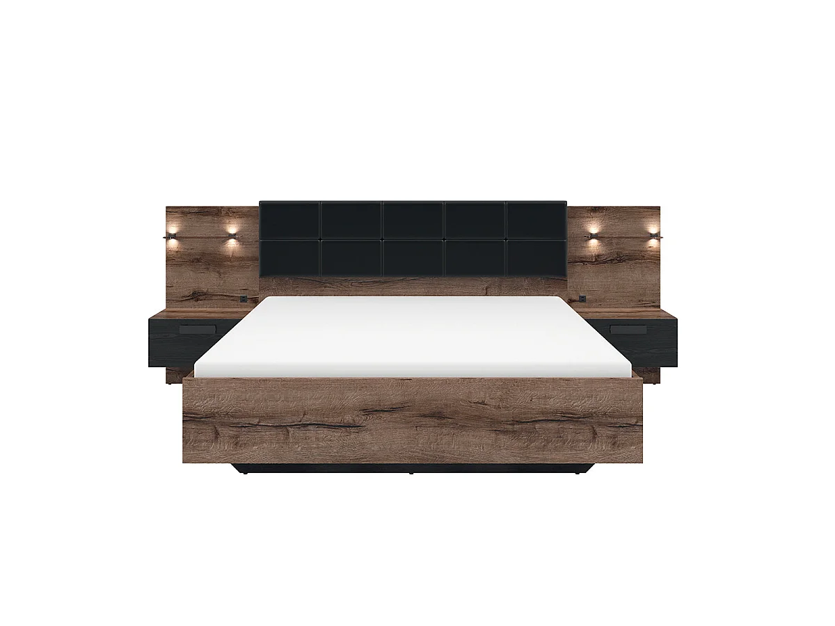 Lit coffre 160x200 sommier chevet LED et prise USB inclus Romane Bois