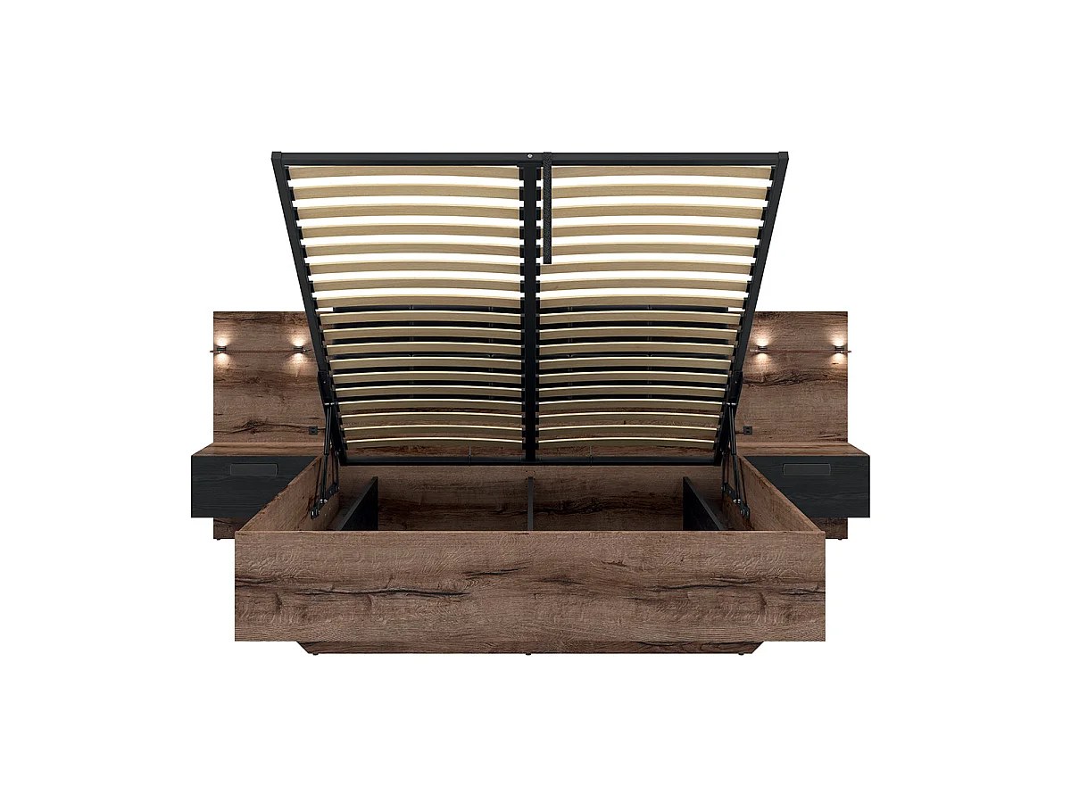 Lit coffre 160x200 sommier chevet LED et prise USB inclus Romane Bois
