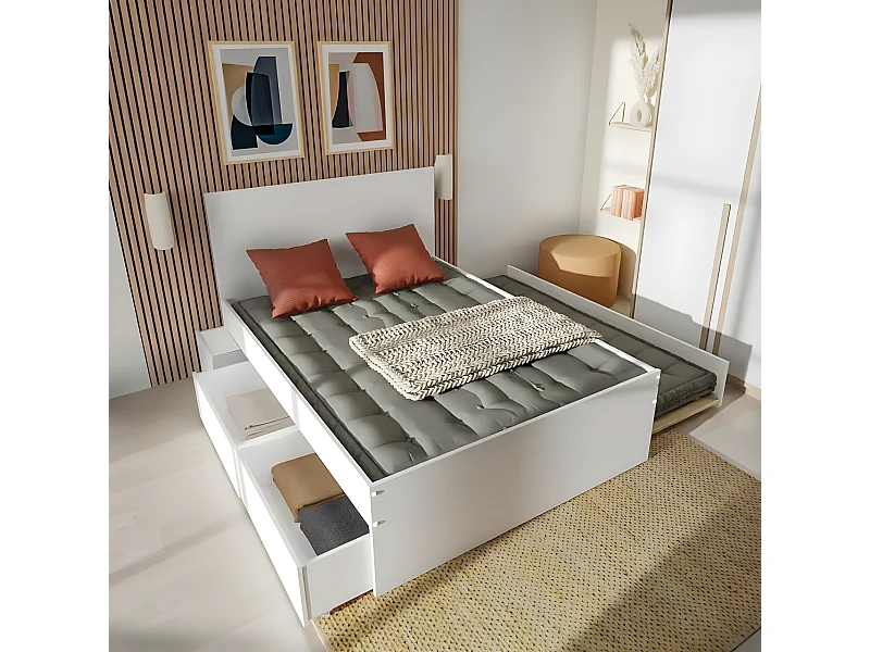 Lit double ALPHA 140x190 + 2 tiroirs + tiroir lit 90x190 avec sommier + chevet / Blanc