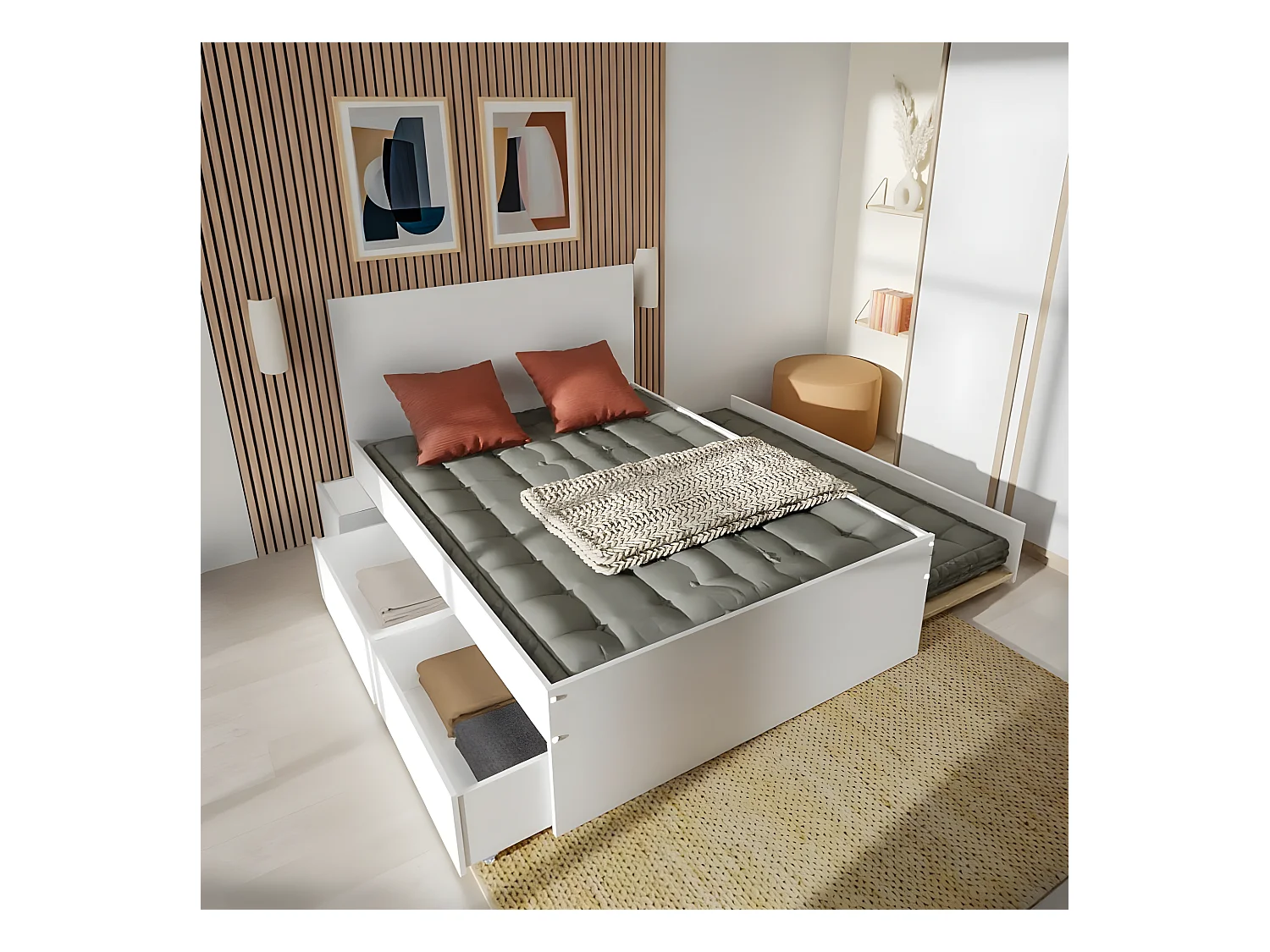 Lit double ALPHA 140x190 + 2 tiroirs + tiroir lit 90x190 avec sommier + chevet / Blanc