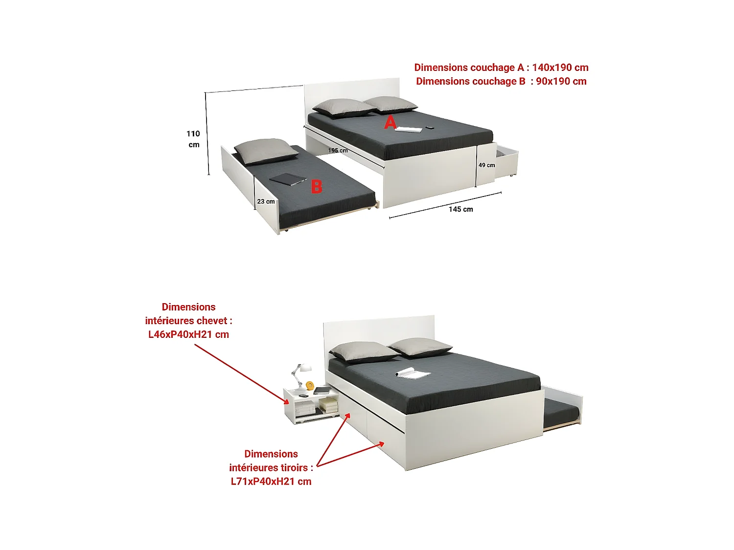 Lit double ALPHA 140x190 + 2 tiroirs + tiroir lit 90x190 avec sommier + chevet / Blanc