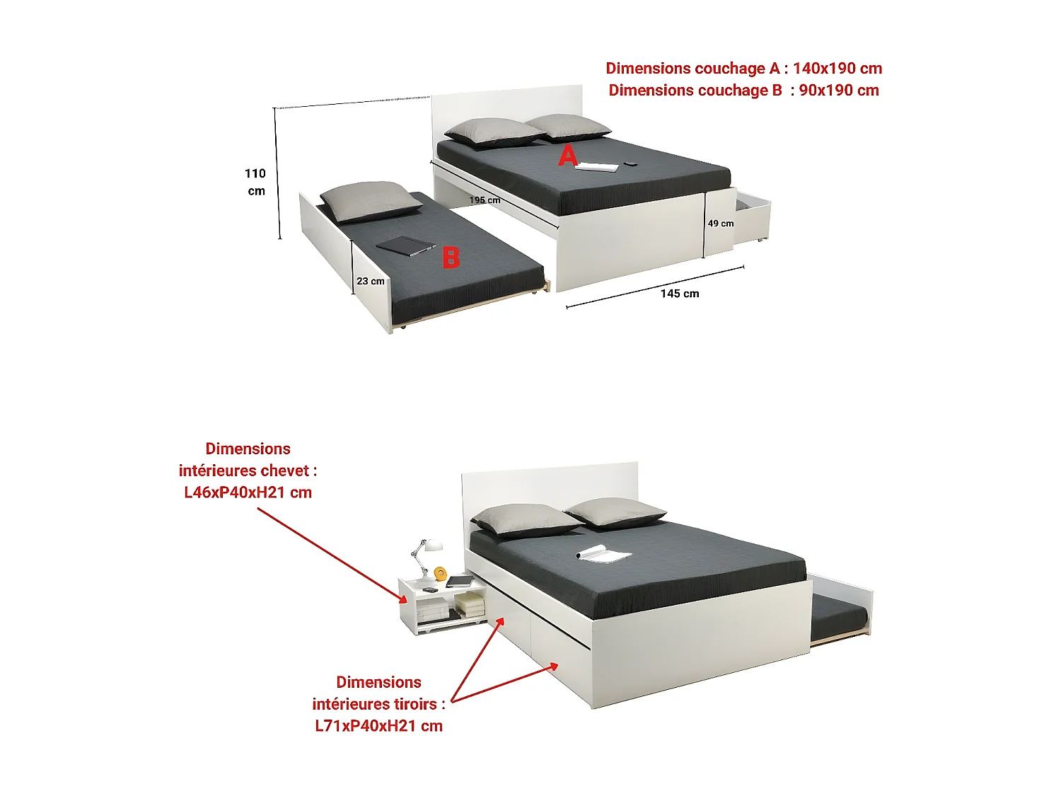 Lit double ALPHA 140x190 + 2 tiroirs + tiroir lit 90x190 avec sommier + chevet / Blanc