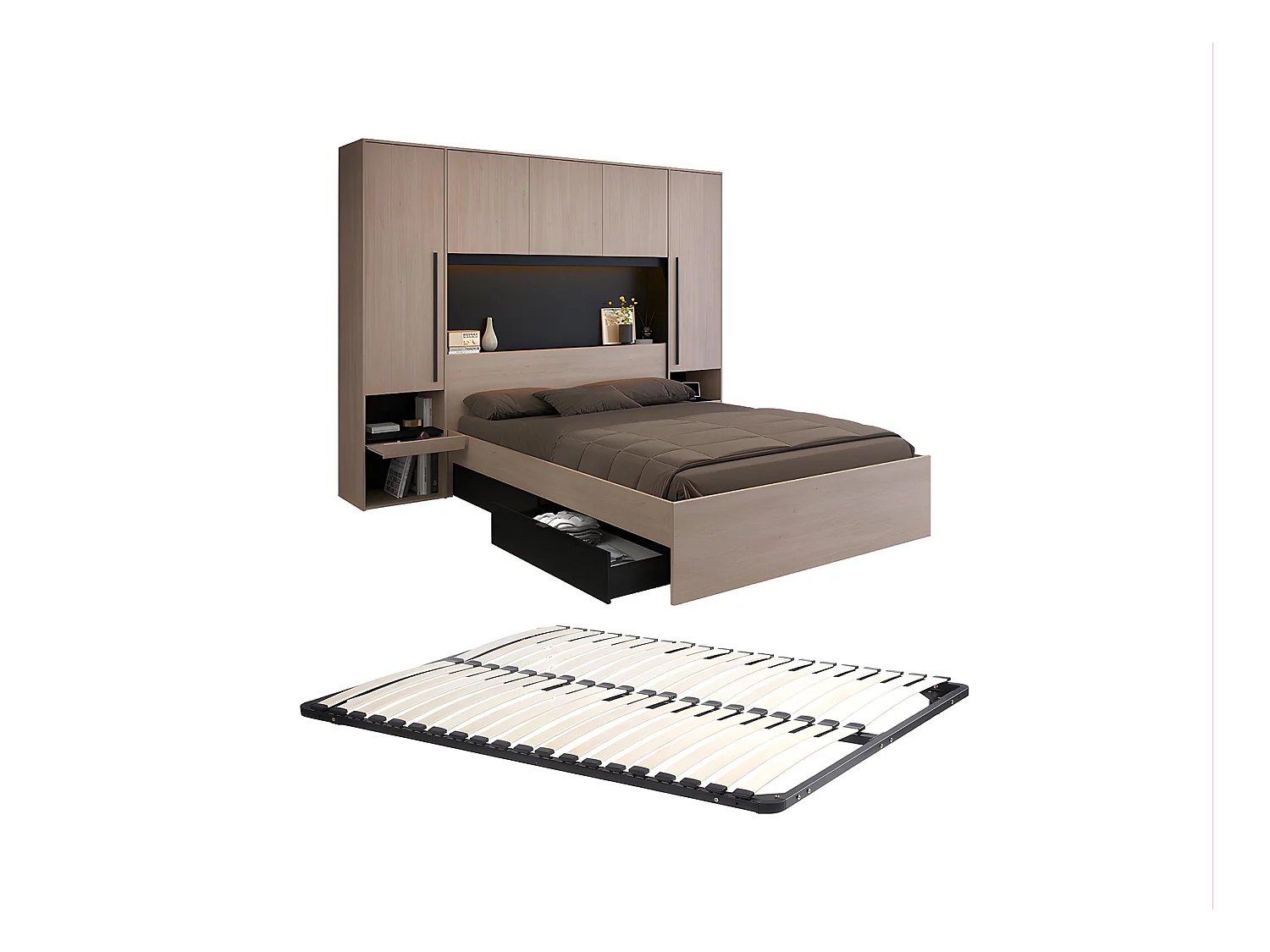 Łóżko  ze skrzynią i - 160 x 200 cm - Z diodami LED - Kolor: Naturalny i czarny + stelaż - VELONA