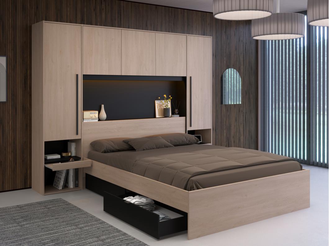 Lit pont 160 x 200 cm avec rangements - Avec LEDs - Coloris : Naturel et noir + Sommier - VELONA
