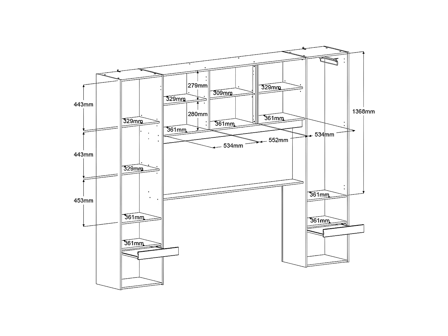 Lit pont 140 x 190 cm avec rangements - Avec LEDs - Coloris : Naturel et noir + Sommier - VELONA